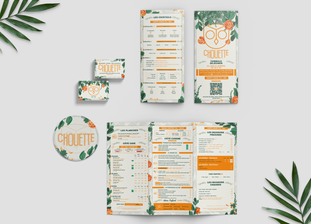 Mise en page claire et attractive des menus et de la signalétique imprimée du restaurant